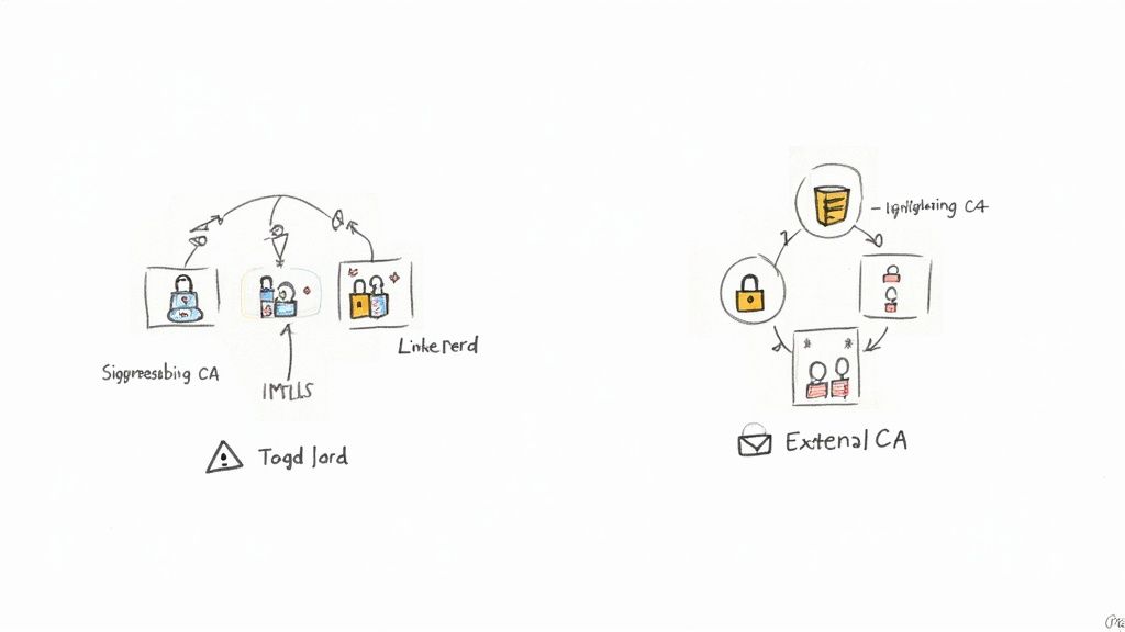 Two hand-drawn diagrams comparing certificate authority architectures and secure communication flows, one involving Linkerd.