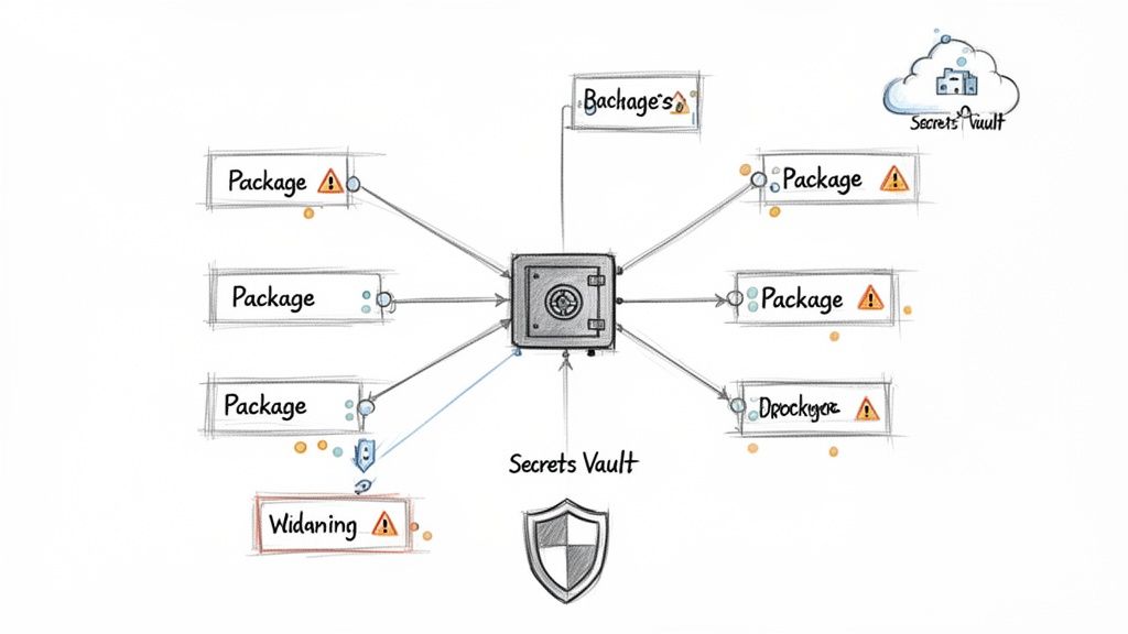 Diagram showing a central secrets vault connected to various packages and entities, indicating security flows and warnings.