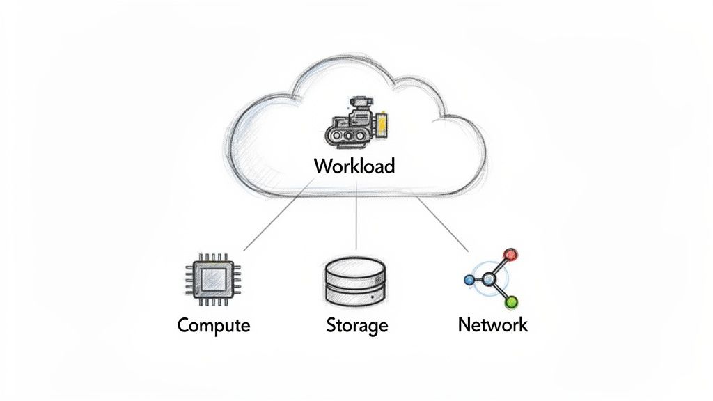 A diagram shows a cloud workload connected to compute, storage, and network resources.
