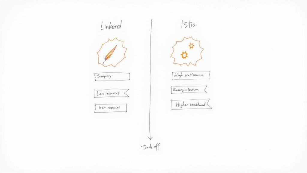 A hand-drawn chart comparing Linkerd and Istio, highlighting their features and trade-offs.