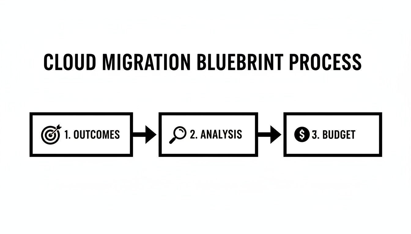 A diagram illustrating the Cloud Migration Blueprint Process, outlining steps: Outcomes, Analysis, and Budget.