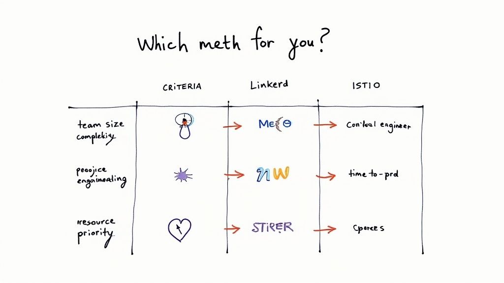 A handwritten diagram comparing Linkerd and Istio based on team size, time to production, and resource priority.