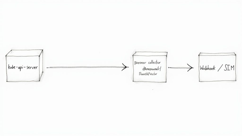 Diagram illustrating a Kubernetes audit log pipeline from kube-api-server to a collector, then to Webhook or SIM.