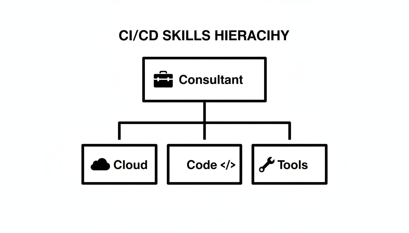CI/CD skills hierarchy diagram for a consultant, categorized into cloud, code, and tools.
