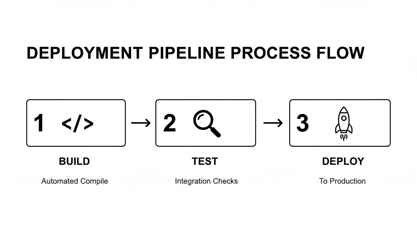 Deployment pipeline process flow showing build, test, and deploy stages with icons.