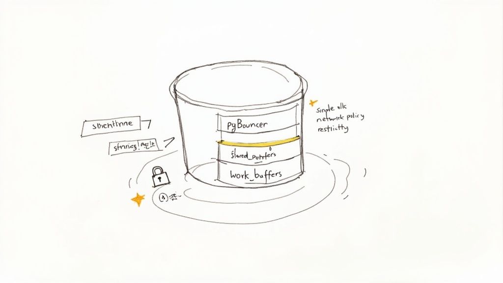 A conceptual diagram illustrating PgBouncer connection pooling with shared and work buffers, surrounded by network policy notes.