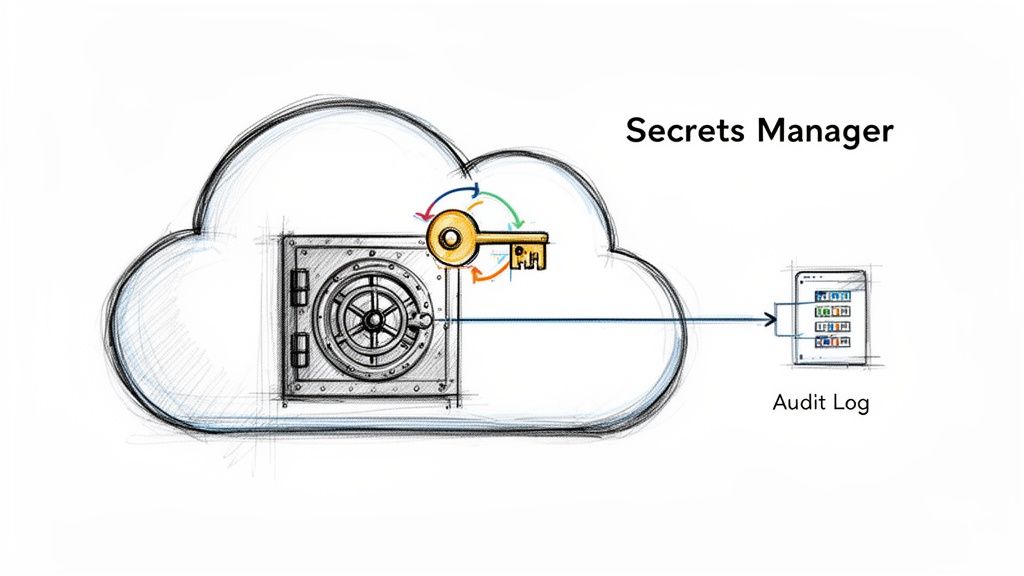 A cloud with a safe and key represents a secrets manager connected to an audit log.