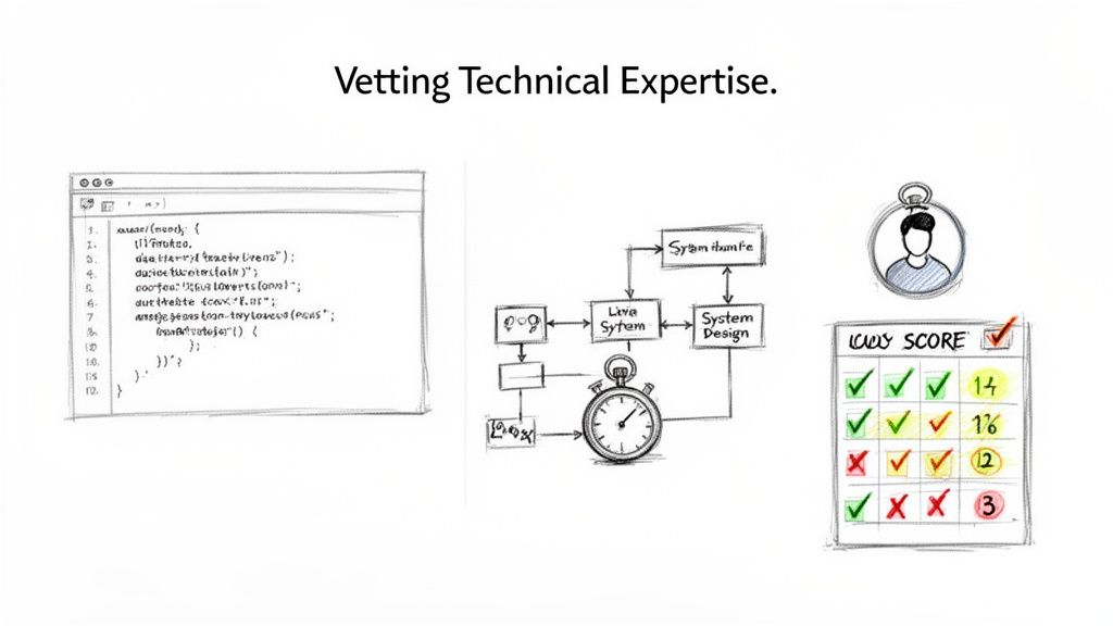 Visual representation of vetting technical expertise through coding, system design, and a scorecard.