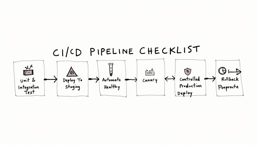 A hand-drawn CI/CD pipeline checklist showing stages for software deployment strategies.