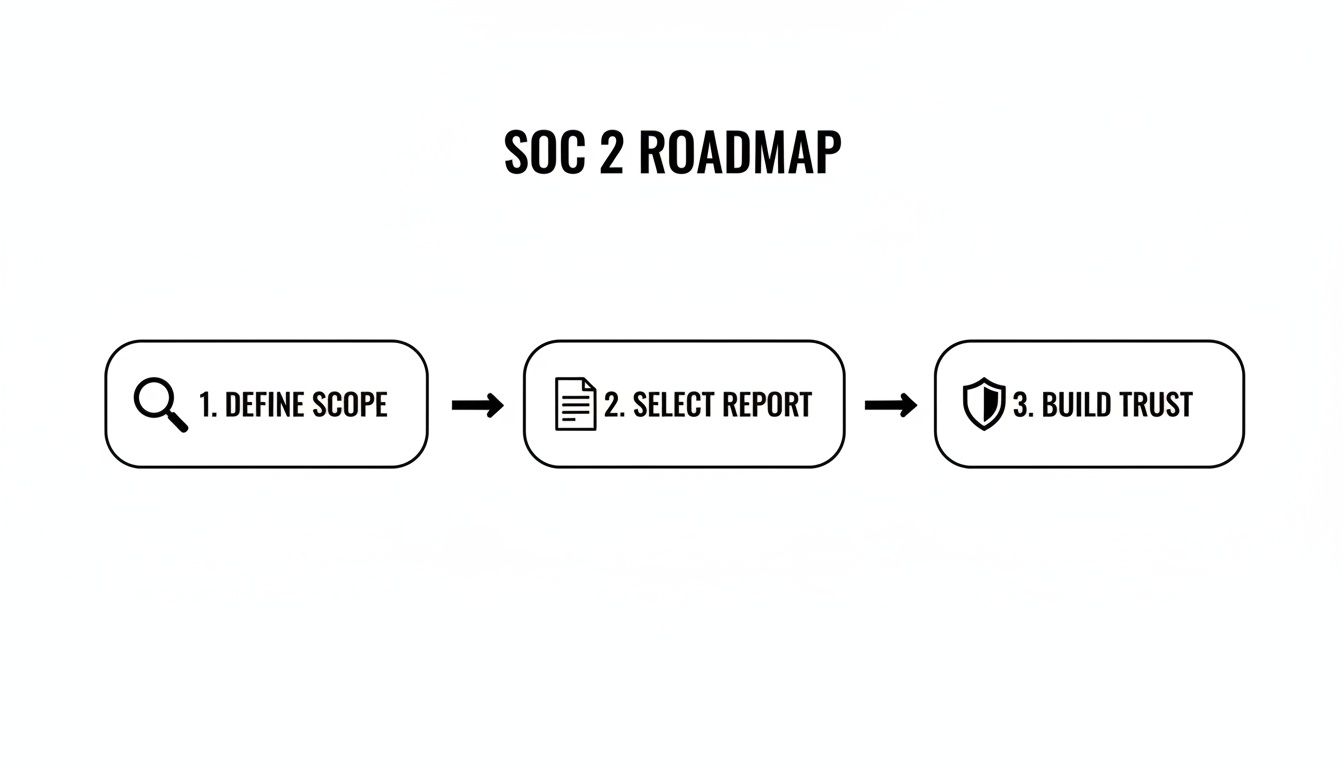 A three-step SOC 2 roadmap illustrating defining scope, selecting report, and building trust.