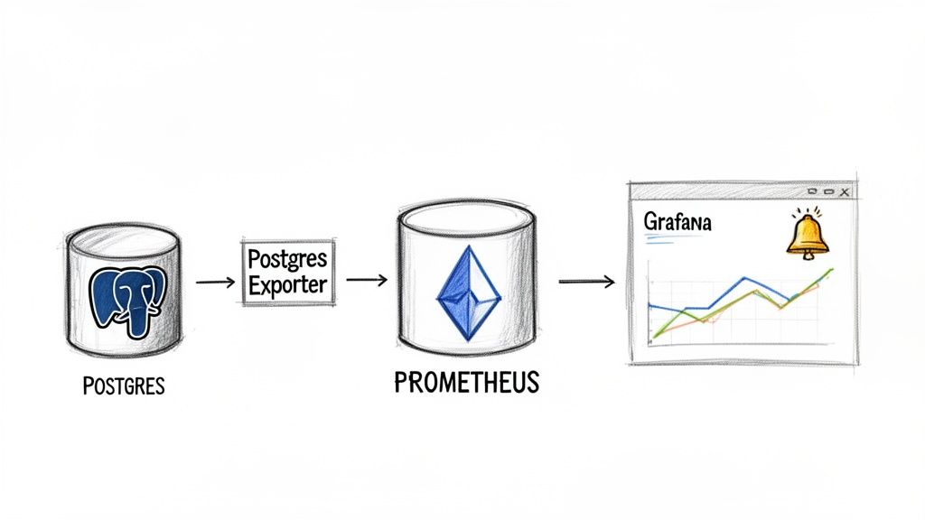 Diagram showing PostgreSQL monitoring architecture: data exported to Prometheus, then visualized with alerts in Grafana.