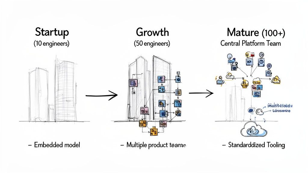 Diagram illustrating engineering team structure and tooling evolution through startup, growth, and mature stages.