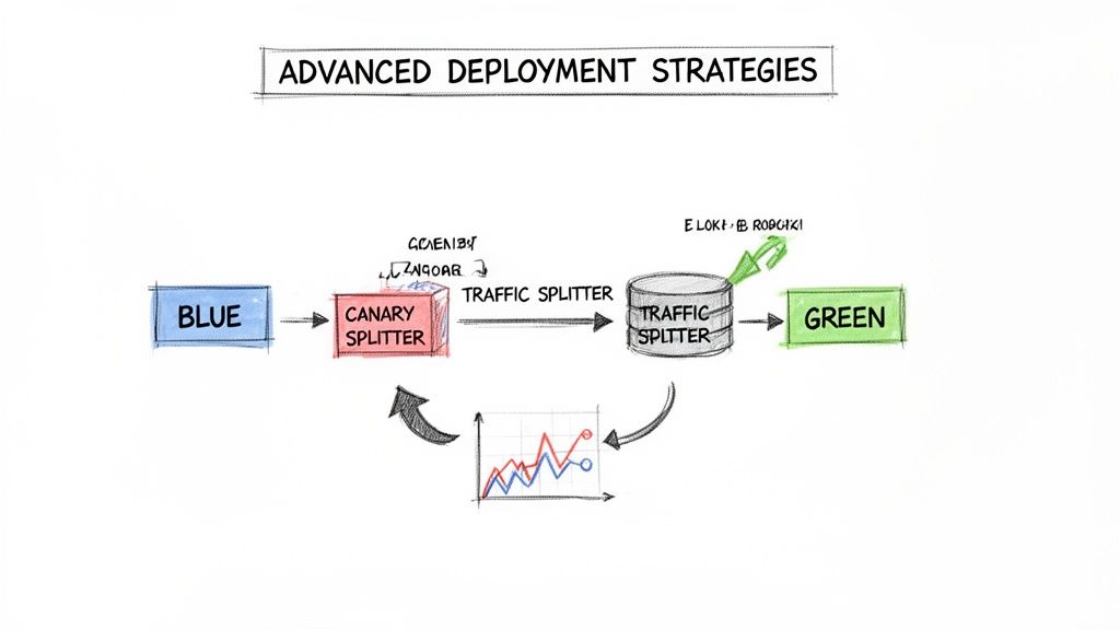 Diagram showing advanced deployment strategies: Blue/Green with Canary Splitting, Traffic Splitting, and performance feedback.