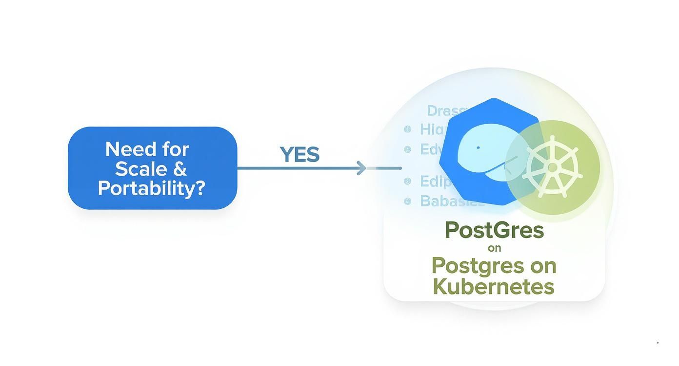 Flowchart illustrating the decision to use PostgreSQL on Kubernetes for scale and portability.