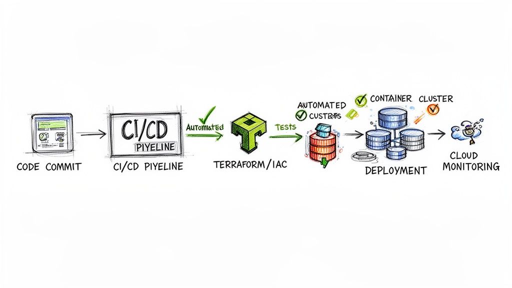 Diagram illustrating a CI/CD pipeline from code commit, through Terraform/IAC, automated tests, deployment, to cloud monitoring.