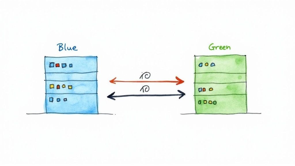 Blue-Green Deployment diagram showing traffic routed to the 'Blue' (active) environment while the 'Green' (inactive) environment is updated. The router then switches traffic to 'Green' after successful validation.
