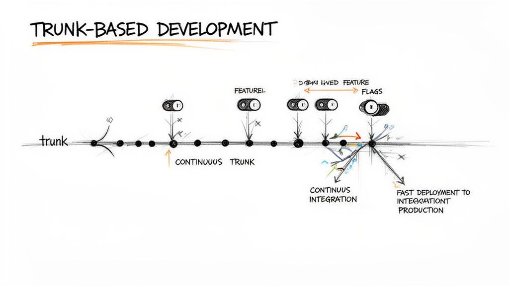 A hand-drawn diagram illustrates Trunk-Based Development, showing features integrating into a continuous trunk with flags, continuous integration, and fast deployment.