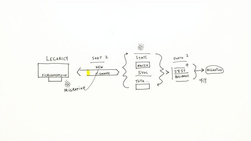 Hand-drawn diagram showing legacy system migration process through microservices architecture to modern data state