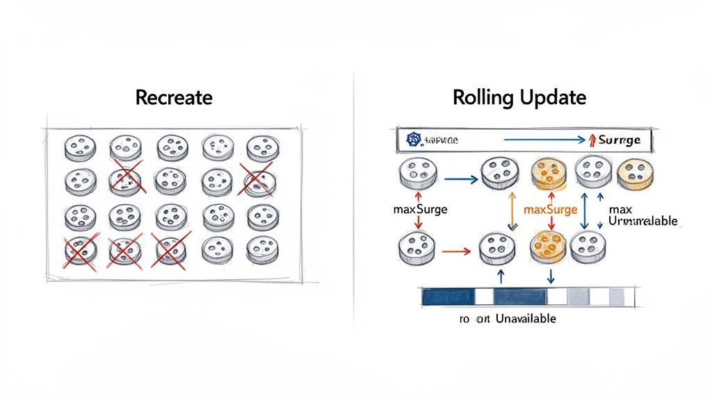 Visualizing Kubernetes Recreate strategy with full replacement versus a Rolling Update with gradual transition.