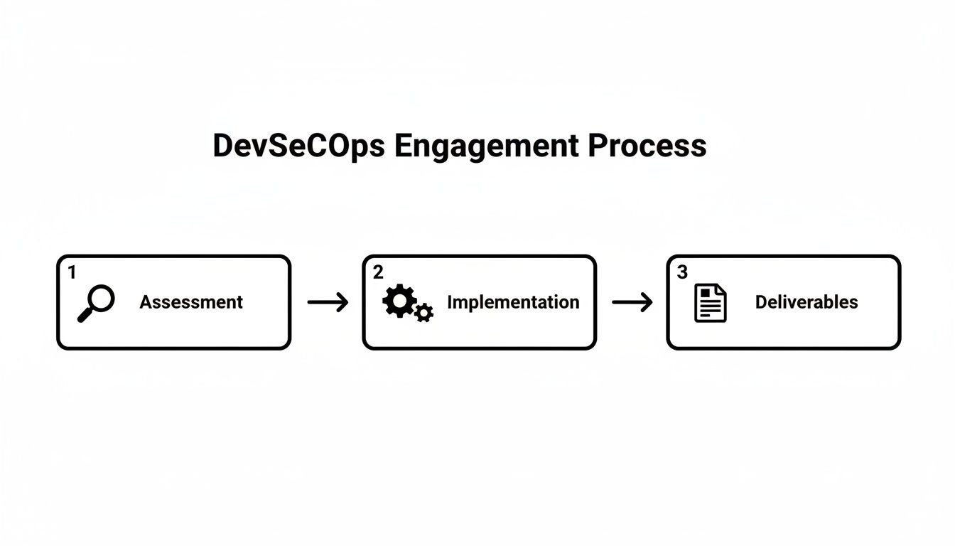 A three-step DevSecOps engagement process diagram showing Assessment, Implementation, and Deliverables.