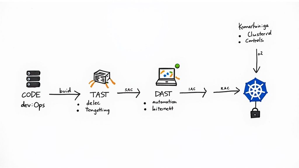 Diagram illustrating a secure software development pipeline from code and testing to Kubernetes deployment.