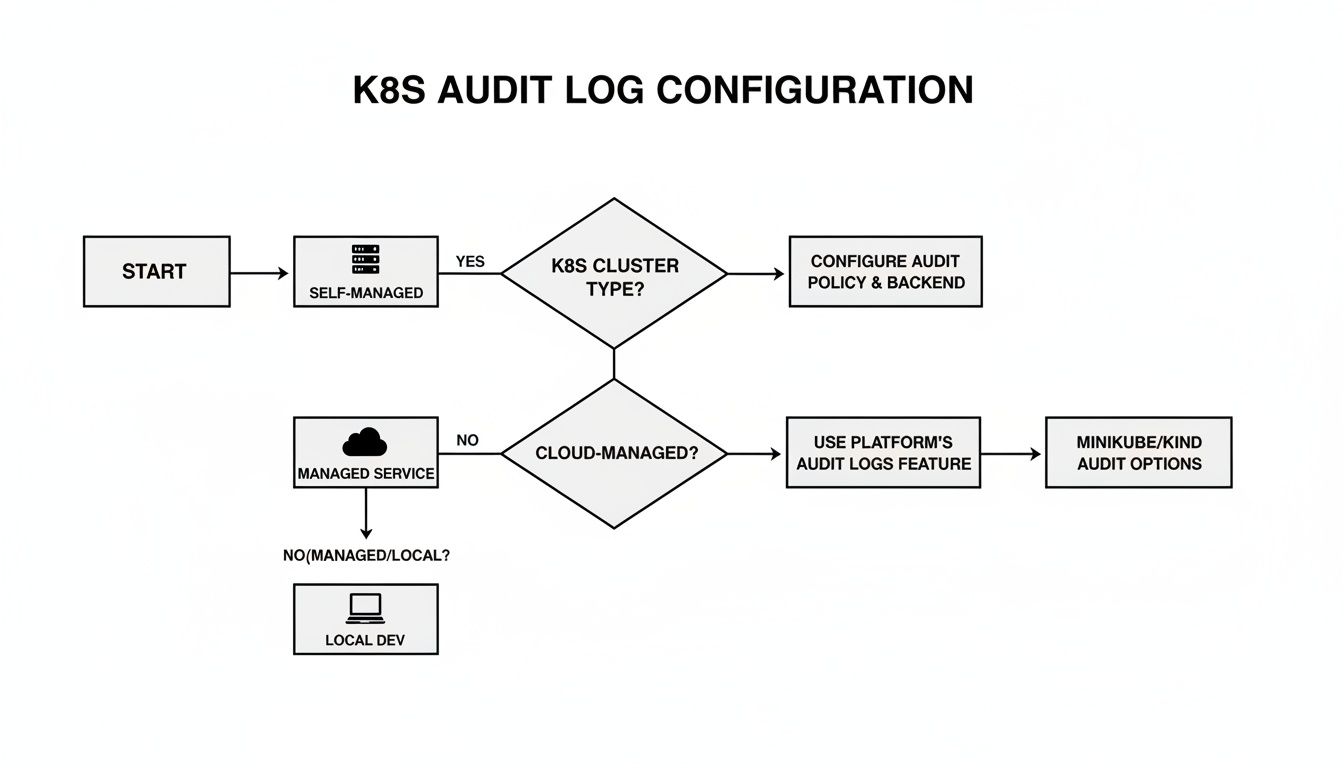 Flowchart illustrating Kubernetes audit log configuration steps based on cluster management type for various environments.