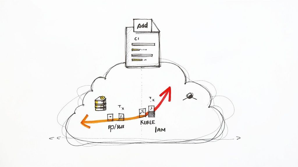 A hand-drawn diagram illustrating cloud processes with CI, database, transactions, and IAM.