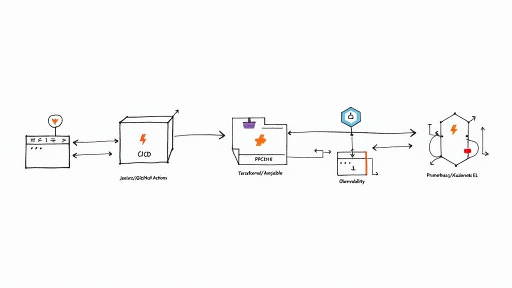 A technical diagram showing interconnected cloud services, representing the core offerings of a DevOps consulting firm.