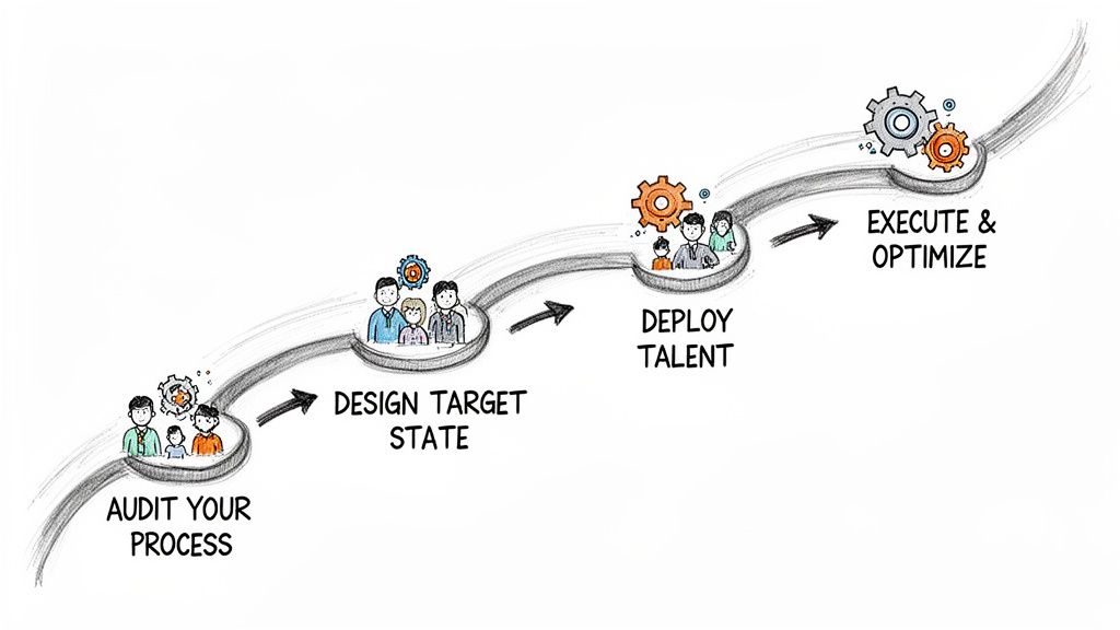 Illustration showing a four-step process: Audit, Design, Deploy Talent, Execute & Optimize.