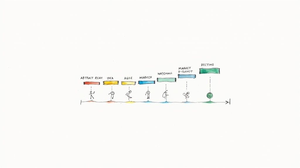 A developer team planning the software development process on a whiteboard.