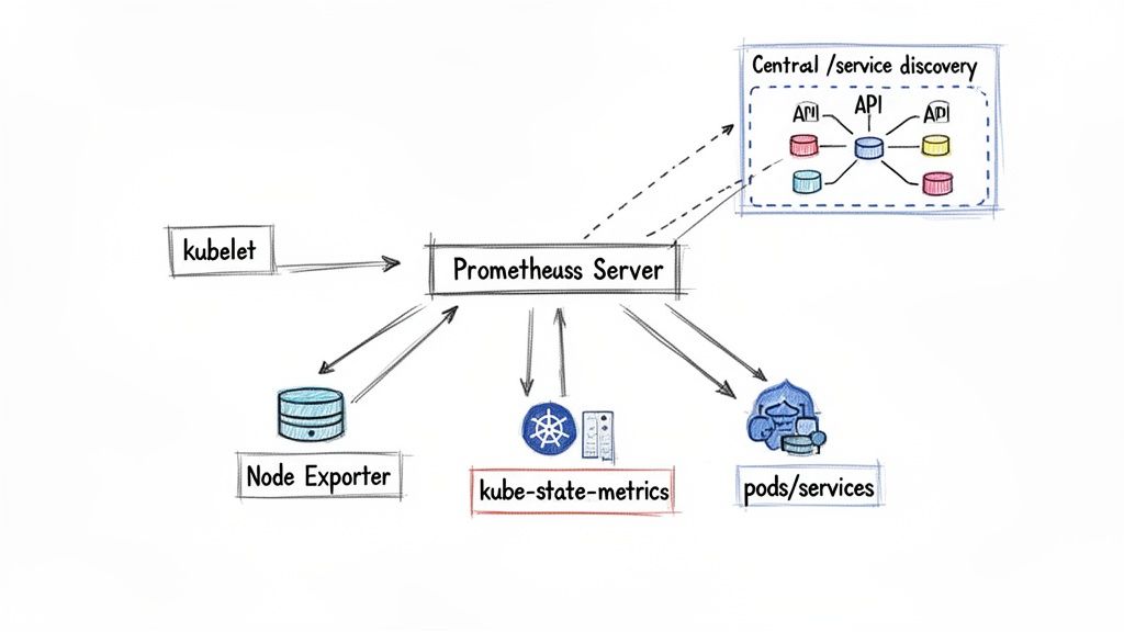 Diagram showing Prometheus Server collecting metrics from various Kubernetes components and services with service discovery.