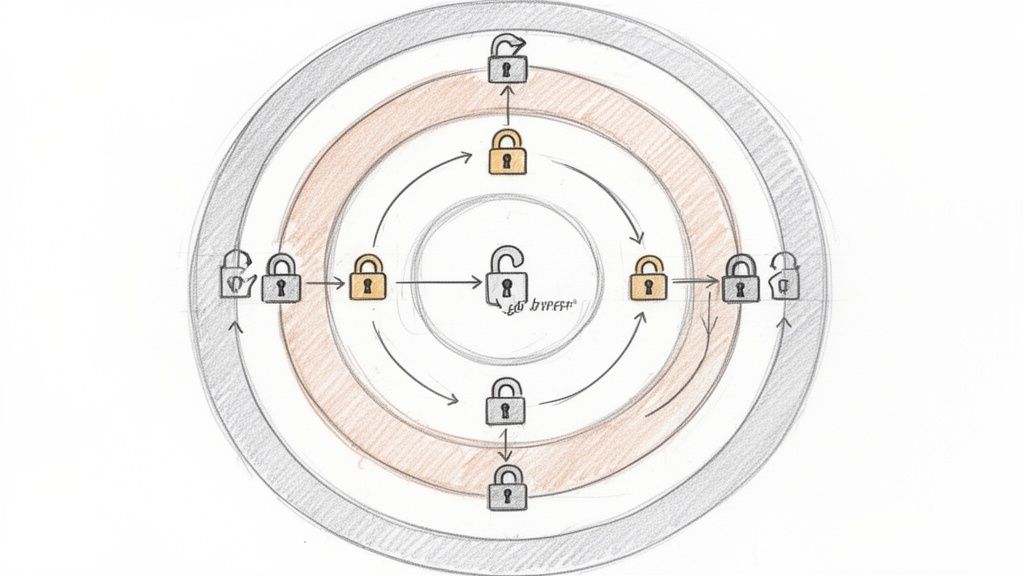 A diagram illustrating a multi-layered security model with padlocks and arrows, representing a process of access control.