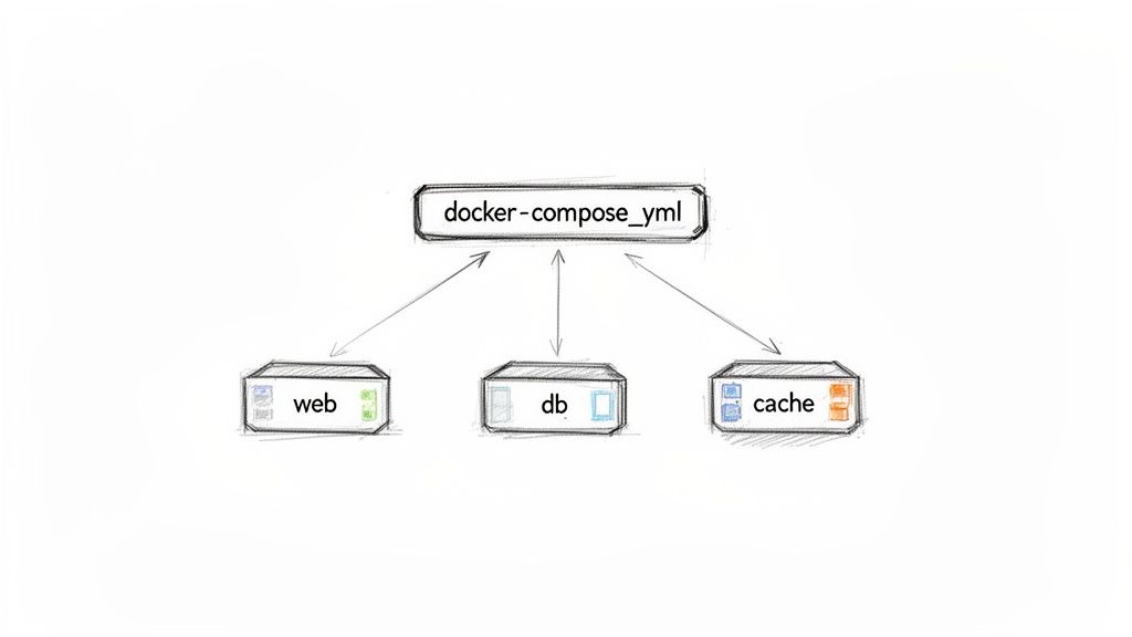 Hand-drawn diagram showing Docker Compose YAML orchestrating web, database, and cache services.