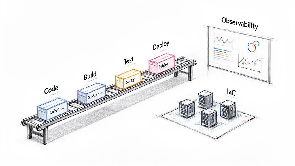 A sketch illustrating a DevOps pipeline with code, build, test, deploy stages, observability monitoring, and infrastructure as code.