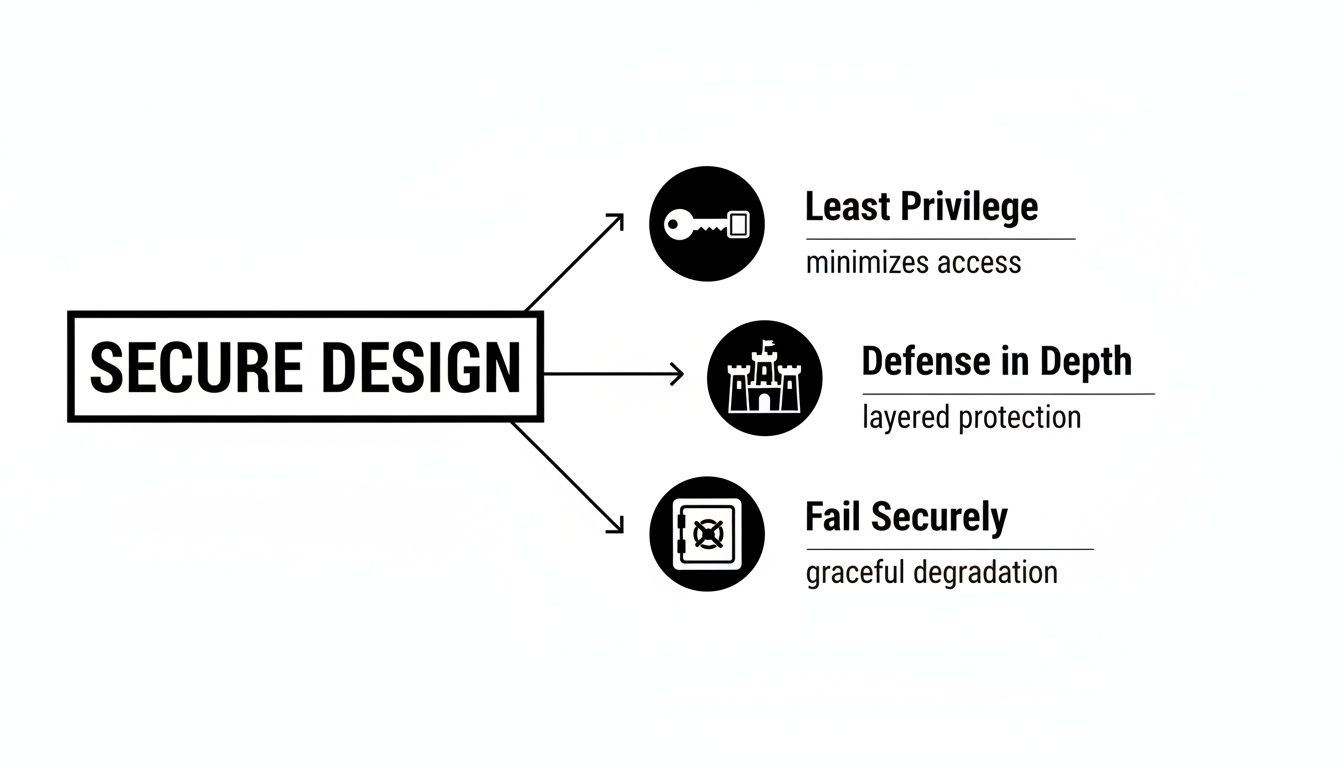 A diagram illustrating secure design principles: Least Privilege, Defense in Depth, and Fail Securely, with icons and descriptions.