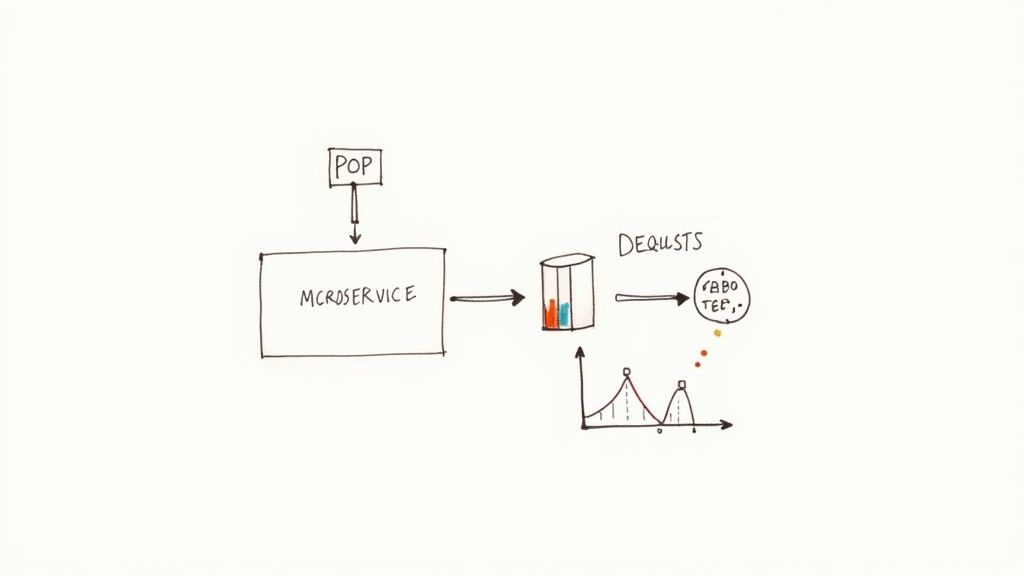 Microservice architecture diagram showing POP connection to database with dequeueing process and traffic analysis
