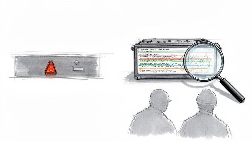 Hand-drawn illustration depicting a warning system, data visualization, and two hard-hat wearing professionals.