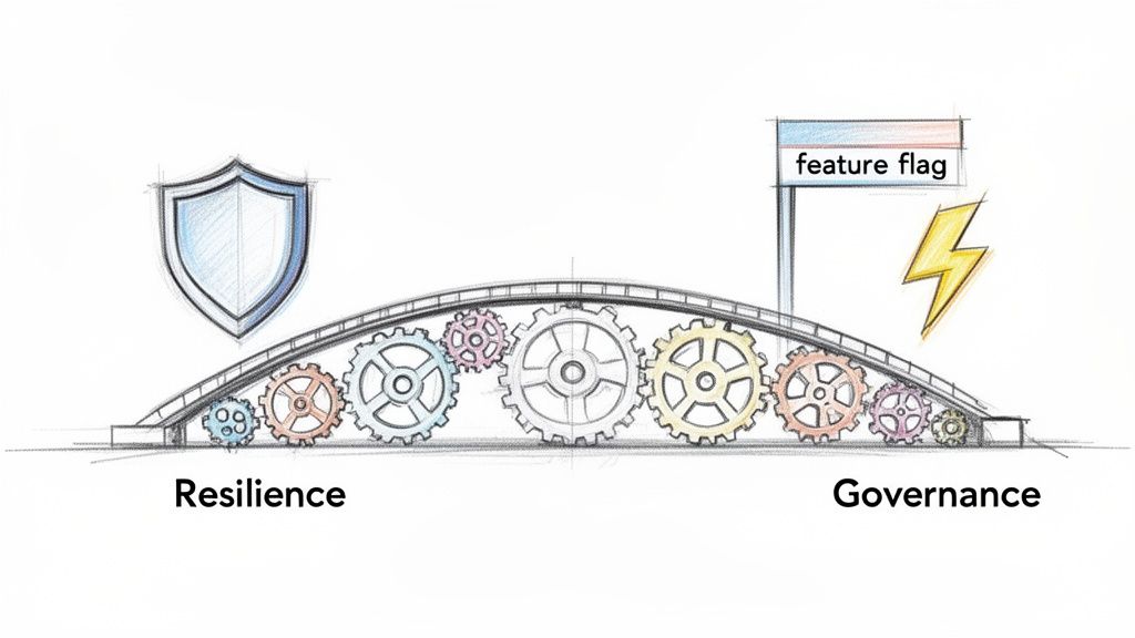 An archway of interconnected gears visually linking 'Resilience' with a shield to 'Governance' with a feature flag and lightning bolt.
