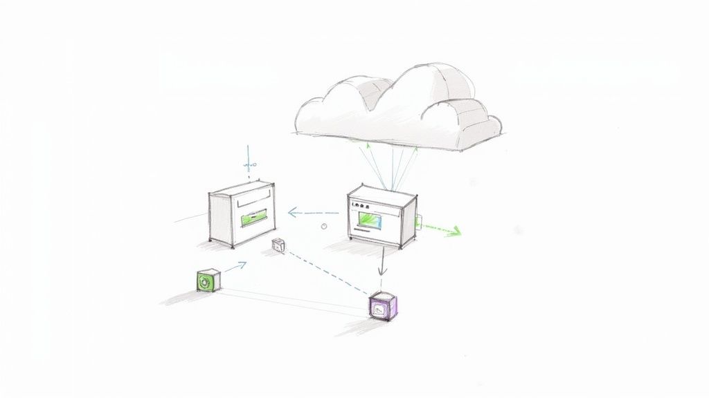 A hand-drawn diagram illustrating cloud architecture with data flow between servers and services.