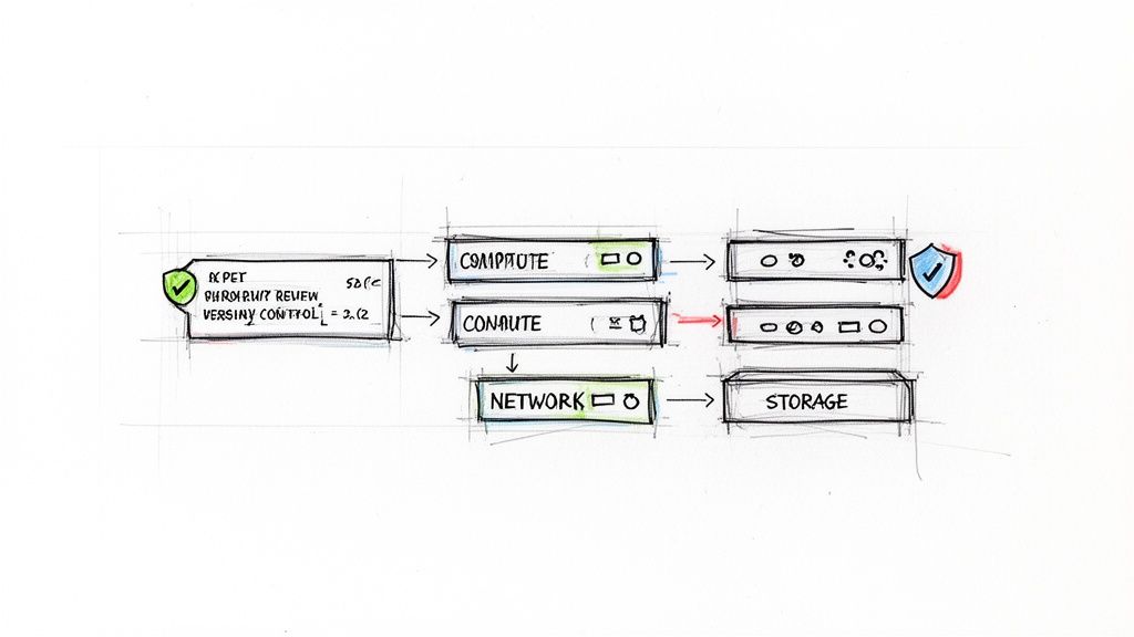 Diagram illustrating a software development and security process, from version control to storage, with compute and network steps.