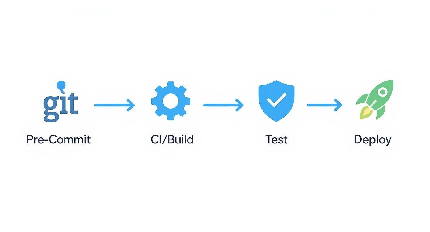 DevSecOps workflow diagram showing four stages: pre-commit with git, CI build, testing, and deployment