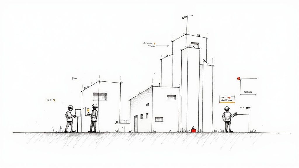 Conceptual drawing of a building complex illustrating development, security, and safety features.
