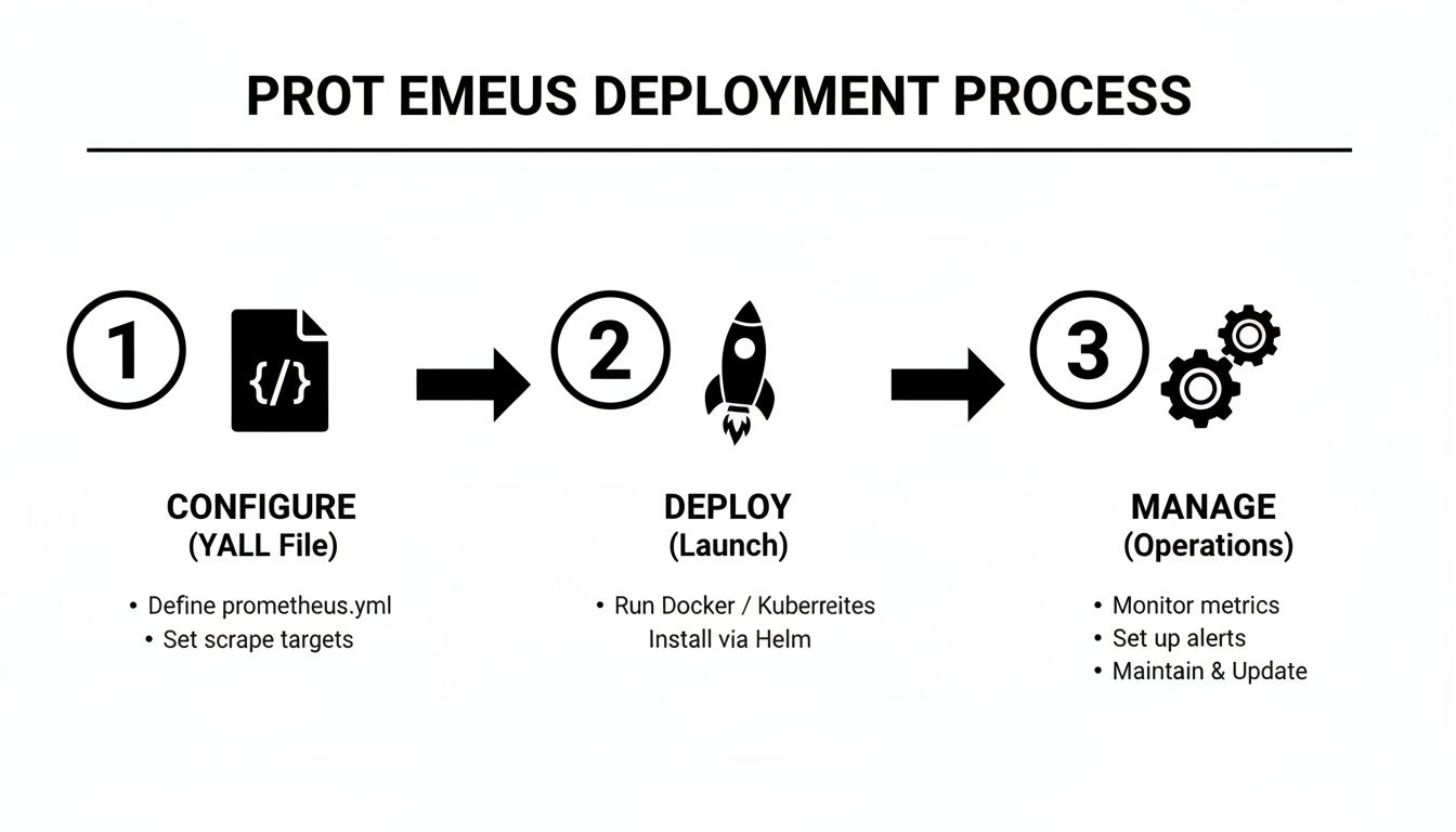 Diagram illustrating the three-step PROT EMEUS deployment process: Configure, Deploy, and Manage.