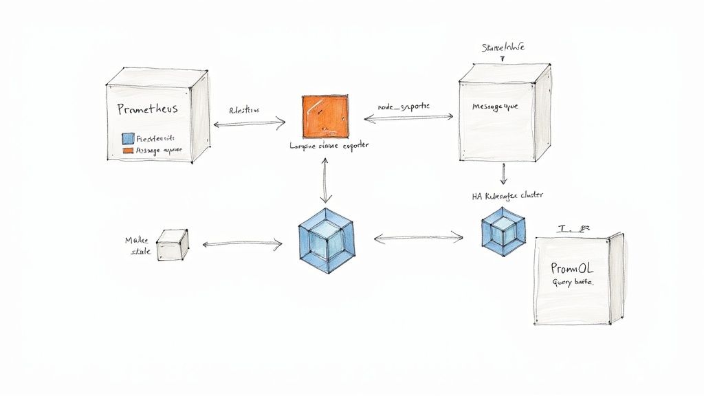 A hand-drawn diagram illustrating a Prometheus monitoring architecture with components like exporters, a message queue, and a Kubernetes cluster.