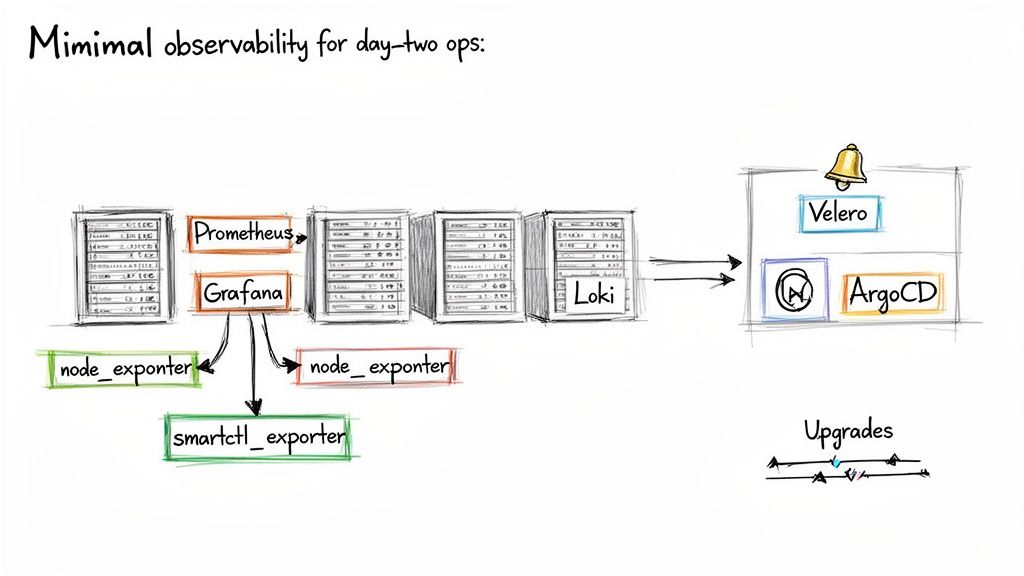 Diagram showing minimal observability tools: Prometheus, Grafana, Loki, Velero, ArgoCD, and various exporters.