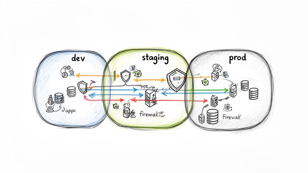 Diagram illustrating cloud service security across development, staging, and production environments with firewalls and data flow.