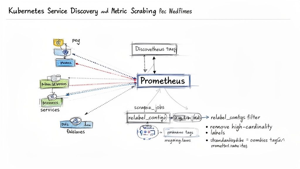 Diagram showing Kubernetes service discovery and metric scraping with Prometheus and relabeling configurations.