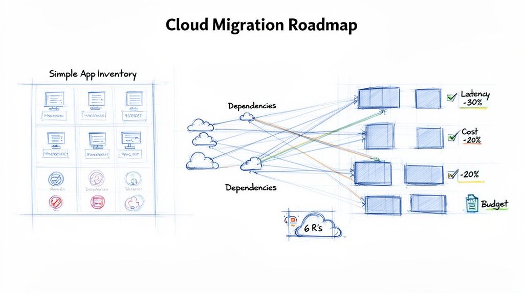 A cloud migration roadmap diagram illustrating app inventory, dependencies, and benefits like reduced latency and cost.