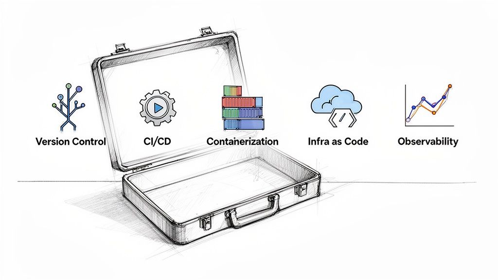 An open briefcase surrounded by icons representing key DevOps concepts: Version Control, CI/CD, Containerization, Infra as Code, and Observability.