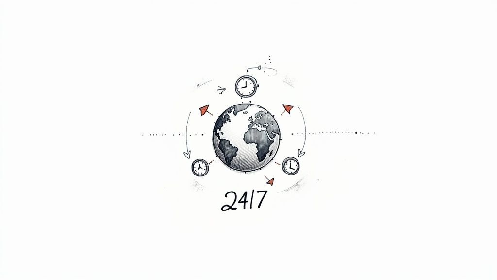A hand-drawn globe surrounded by clocks and arrows, with '24/7' text, symbolizing continuous global availability.